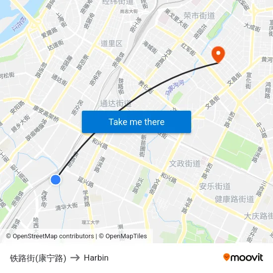 Railway Street (Kangning Road) to Harbin map