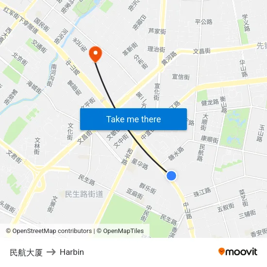 Civil Aviation Building to Harbin map