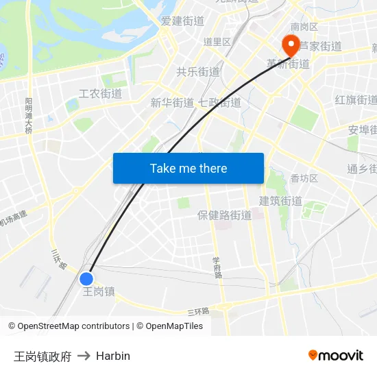 王岗镇政府 to Harbin map