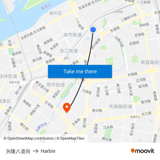 兴隆八道街 to Harbin map