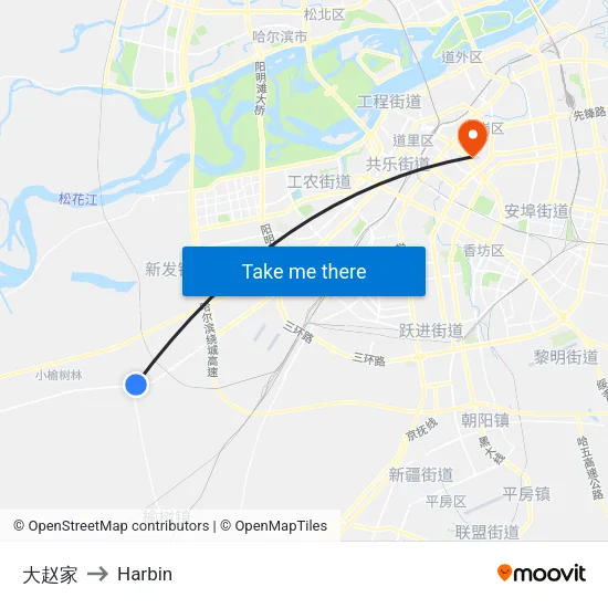 大赵家 to Harbin map