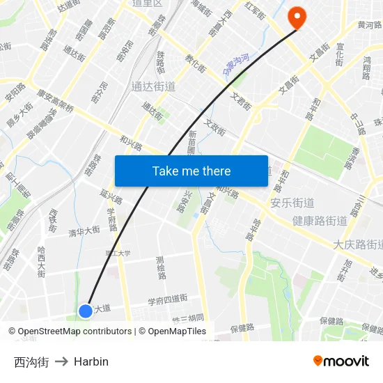 西沟街 to Harbin map