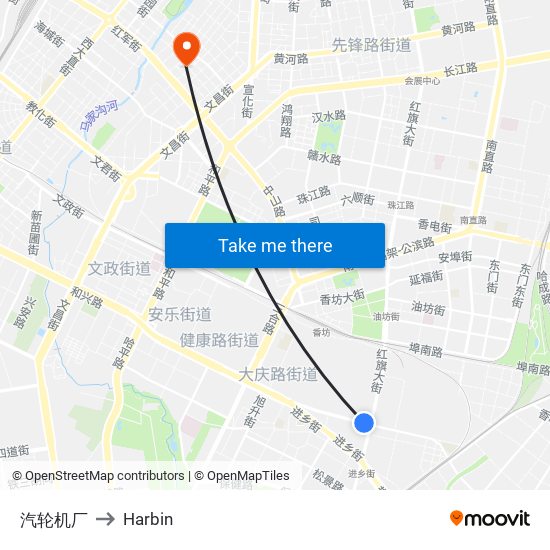 汽轮机厂 to Harbin map