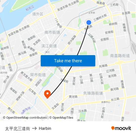 Taiping North Third Street to Harbin map