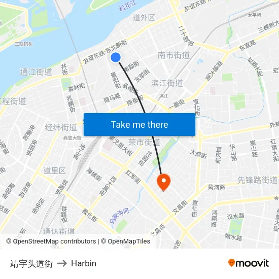靖宇头道街 to Harbin map