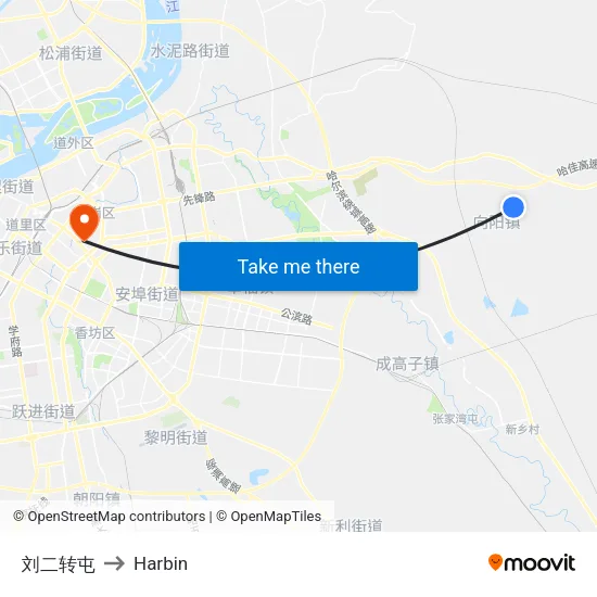 刘二转屯 to Harbin map