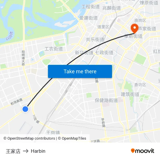 王家店 to Harbin map
