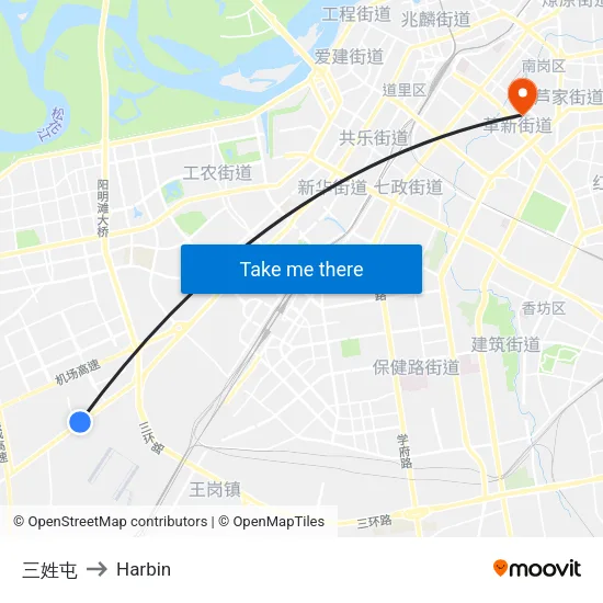 三姓屯 to Harbin map