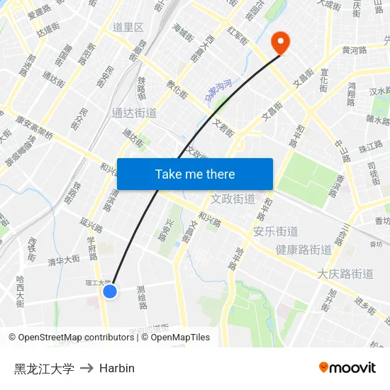 黑龙江大学 to Harbin map