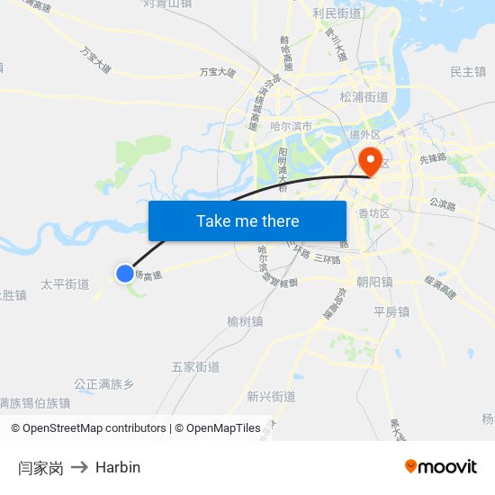 闫家岗 to Harbin map