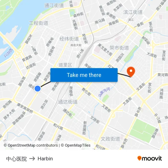 Central Hospital to Harbin map