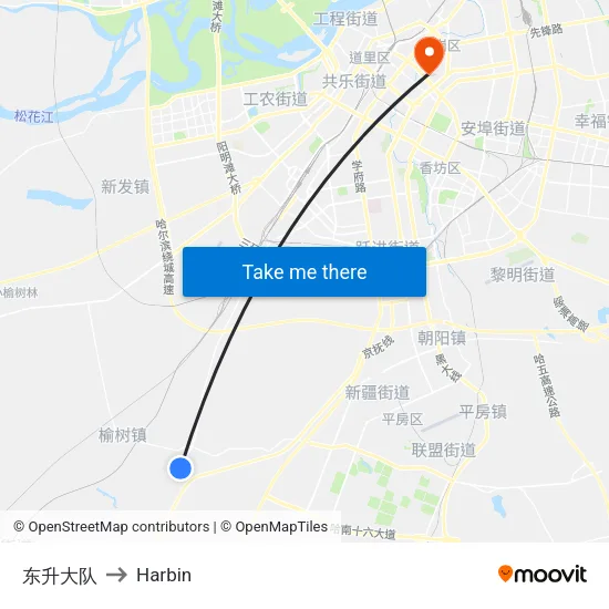 东升大队 to Harbin map