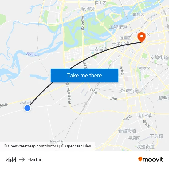榆树 to Harbin map