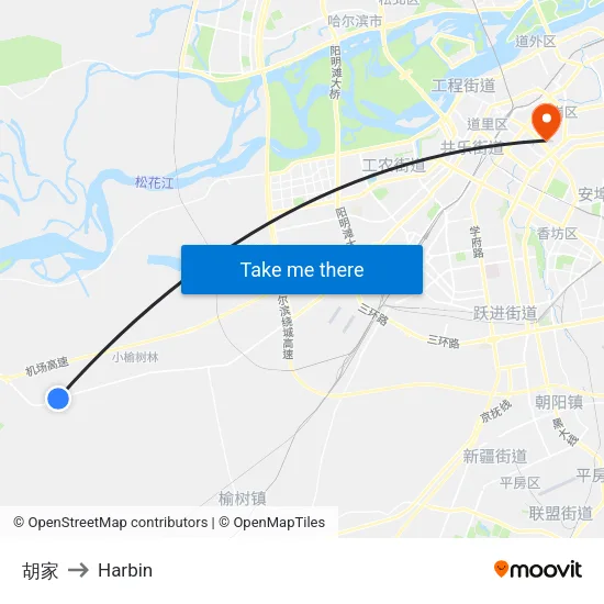 胡家 to Harbin map