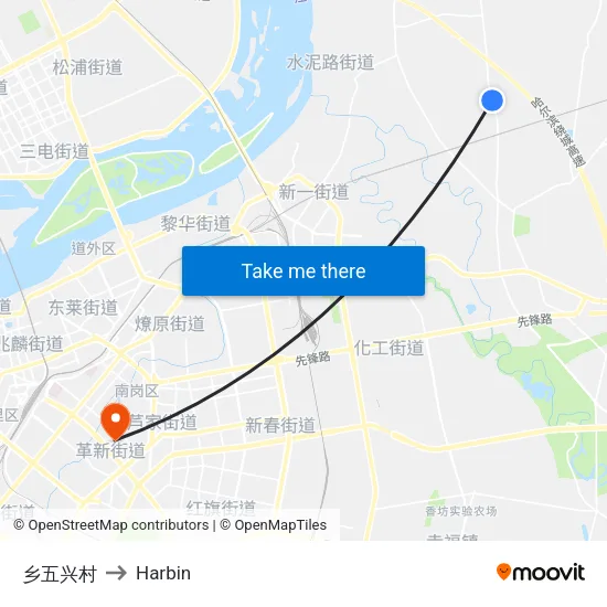 乡五兴村 to Harbin map