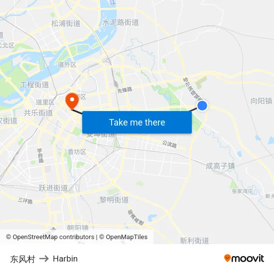 Dongfeng Village to Harbin map
