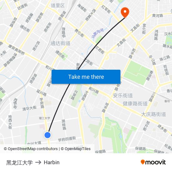 黑龙江大学 to Harbin map