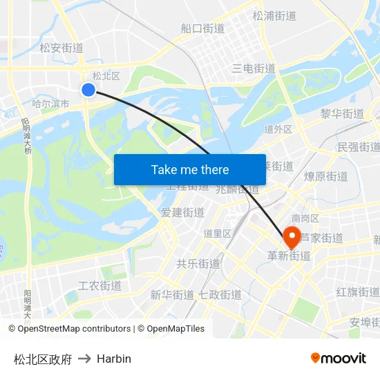 松北区政府 to Harbin map