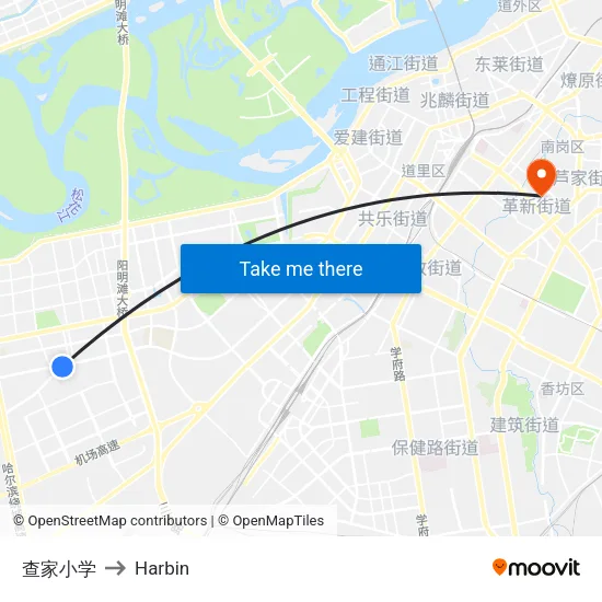 查家小学 to Harbin map