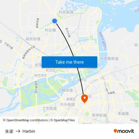 朱家 to Harbin map