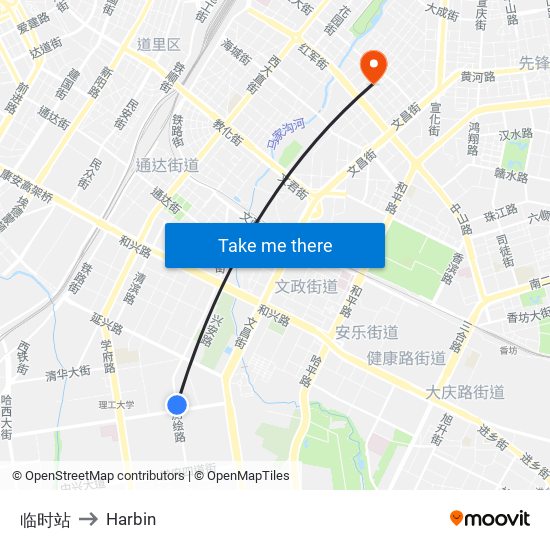 临时站 to Harbin map
