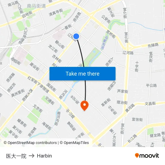 医大一院 to Harbin map