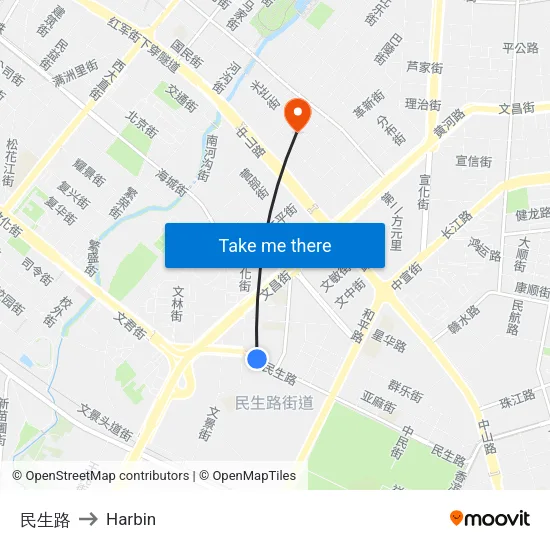 Minsheng Road to Harbin map