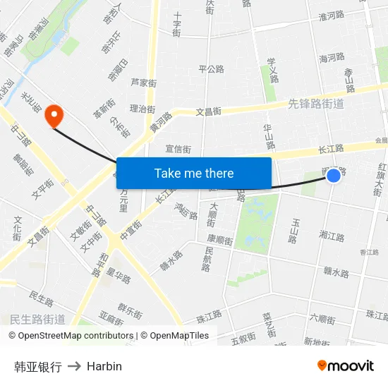 韩亚银行 to Harbin map