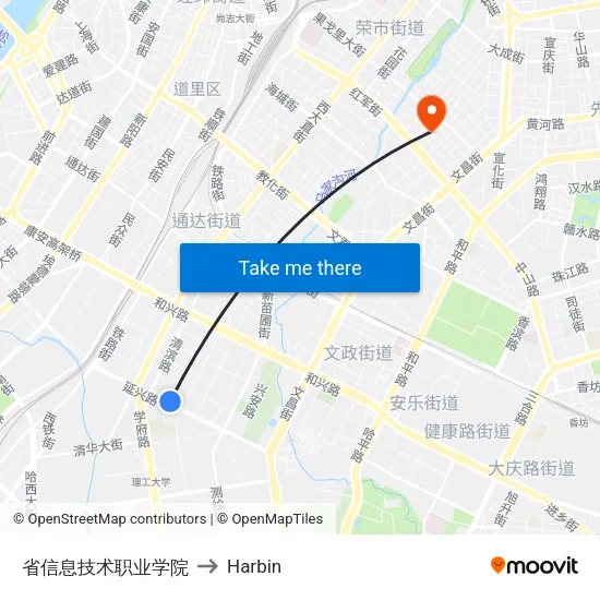省信息技术职业学院 to Harbin map