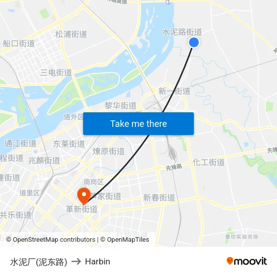 Cement Factory (Nidong Road) to Harbin map