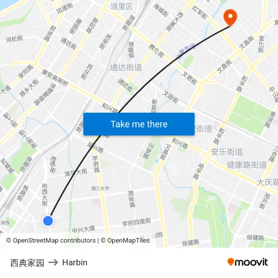 Xidian Garden to Harbin map
