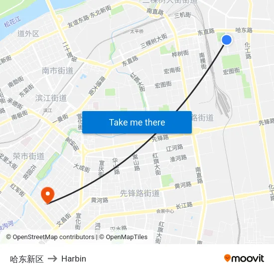 哈东新区 to Harbin map