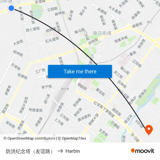 Flood Control Memorial Tower (Youyi Road) to Harbin map