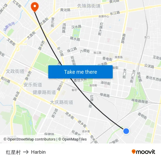 红星村 to Harbin map