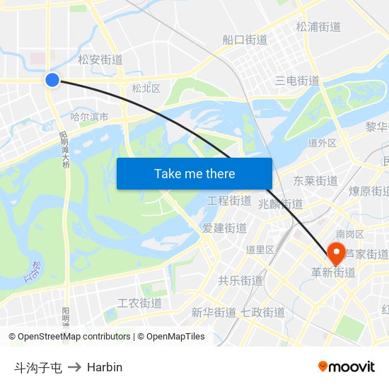 斗沟子屯 to Harbin map