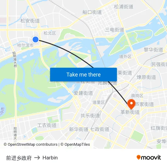 Qianjin Township Government to Harbin map
