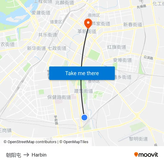 朝阳屯 to Harbin map