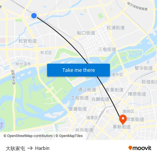 大耿家屯 to Harbin map