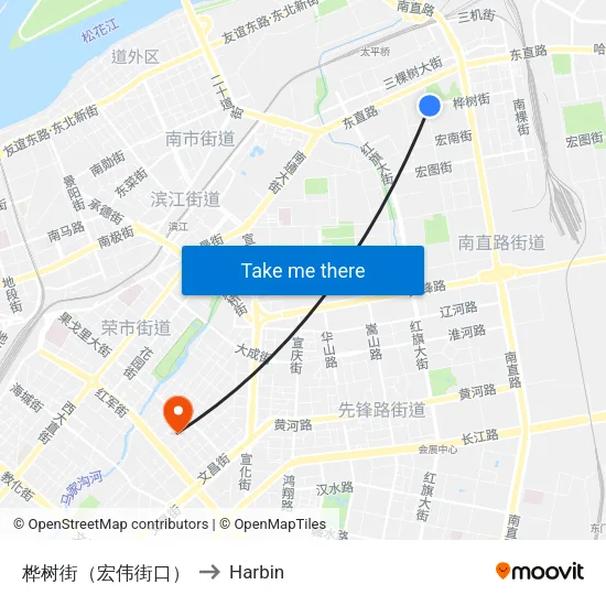 桦树街（宏伟街口） to Harbin map