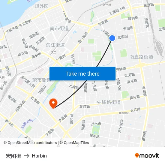 Hongtu Street to Harbin map