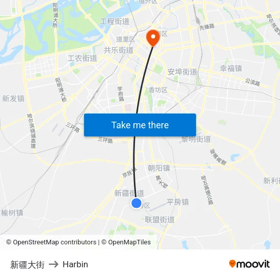 新疆大街 to Harbin map