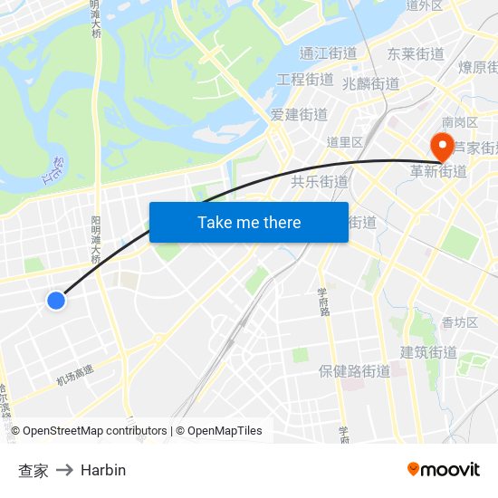 查家 to Harbin map