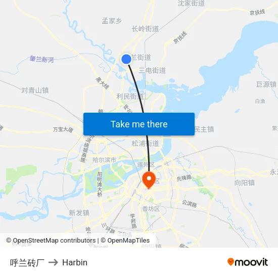 呼兰砖厂 to Harbin map