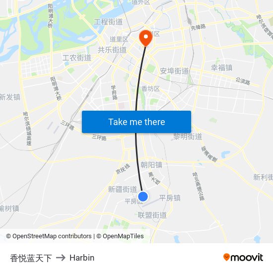 香悦蓝天下 to Harbin map