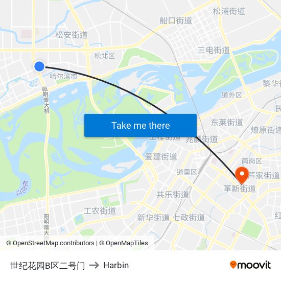 世纪花园B区二号门 to Harbin map