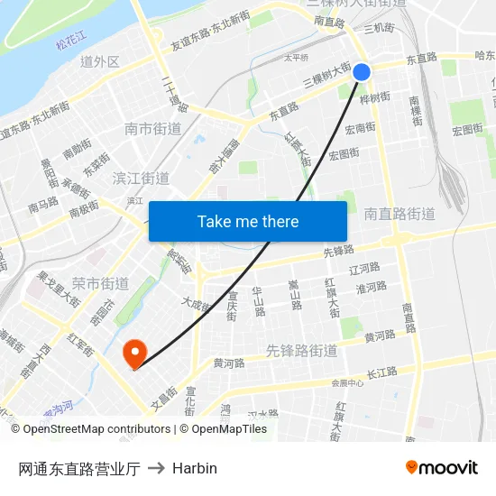 网通东直路营业厅 to Harbin map