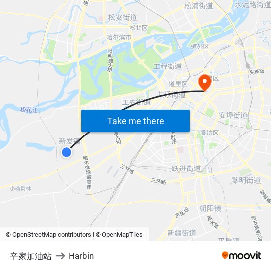 辛家加油站 to Harbin map
