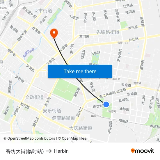 Xiangfang Street (Temporary Stop) to Harbin map