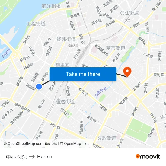 Central Hospital to Harbin map