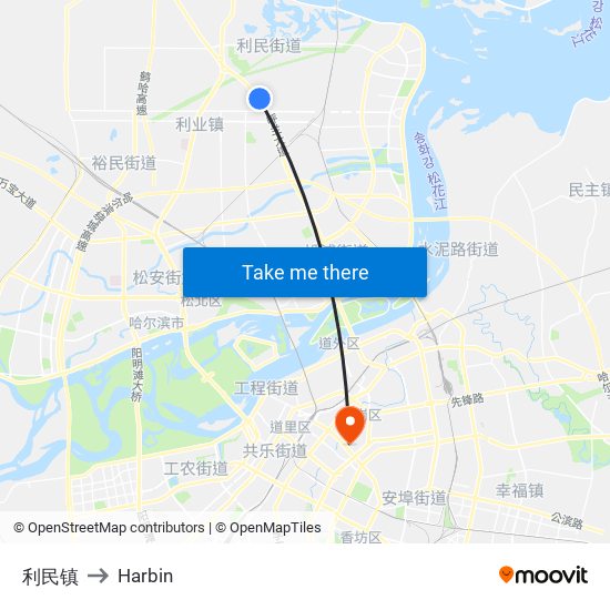 利民镇 to Harbin map